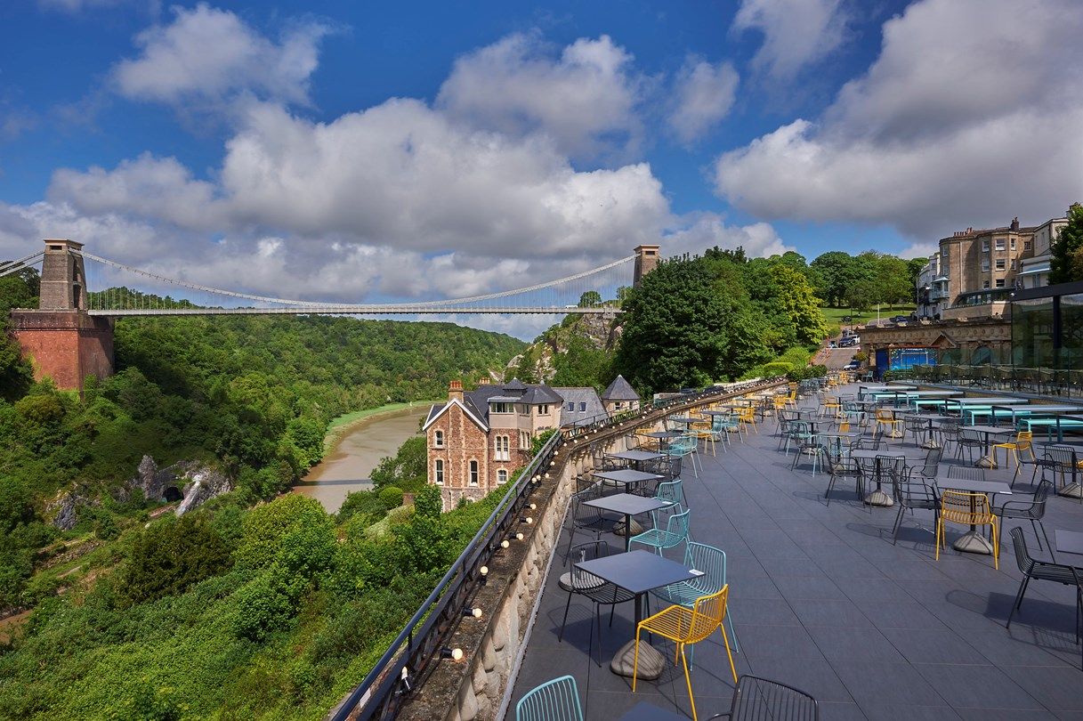 A panoramic view of the rooftop bar at White Lion, a roof terrace