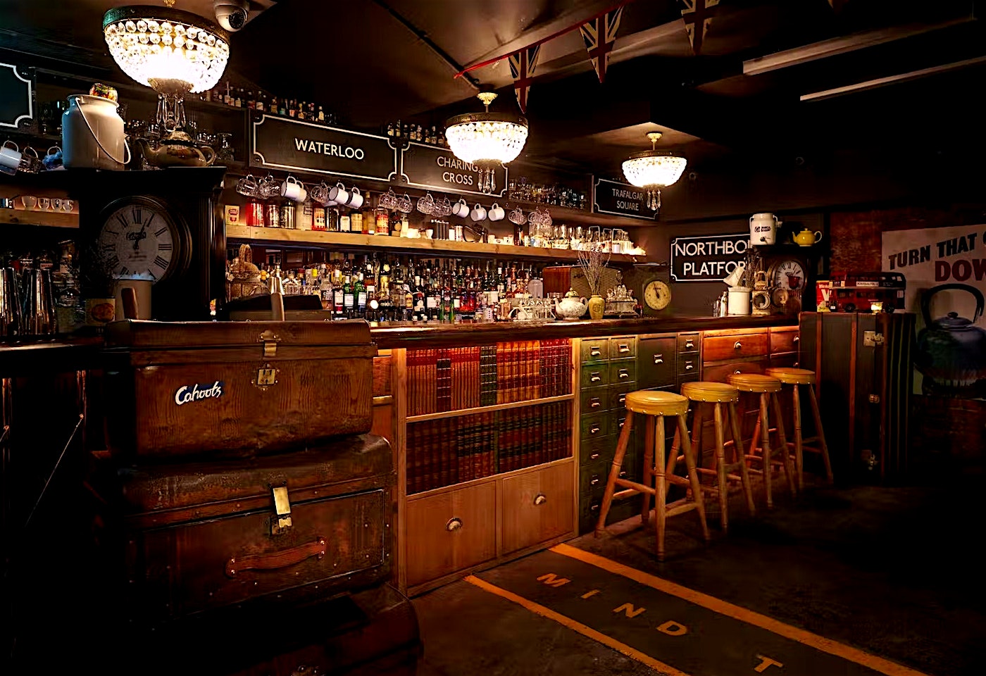 The bar at Cahoots, an underground drinking den in the Soho district of London, available for hire