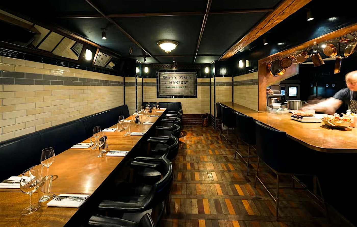 Interior of the Cooks Room at Hawksmoor Borough, a private dining room.