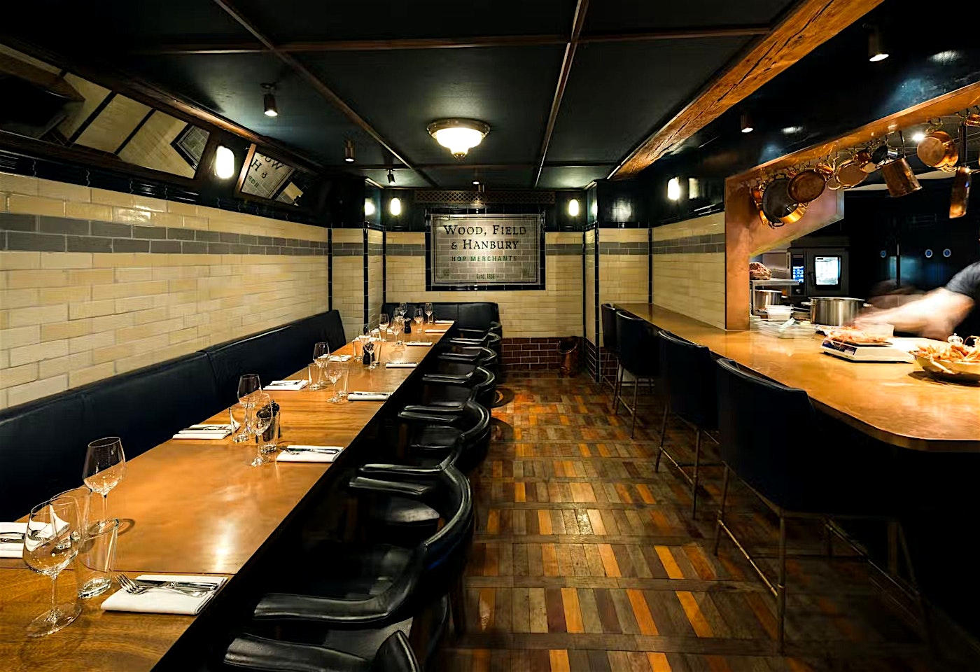 Interior of the Cooks Room at Hawksmoor Borough, a private dining room.