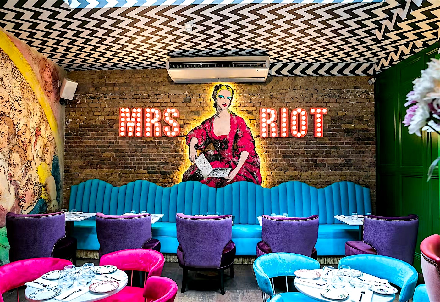 Daytime interior photo of the cocktail bar Mrs Riot, Covent Garden, London
