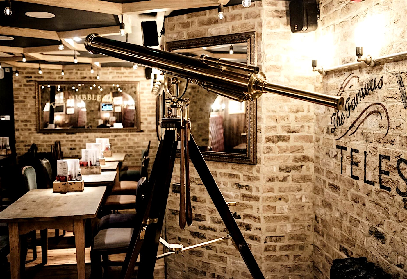 A decorative telescope inside the Liverpool Street pub, The Astronomer