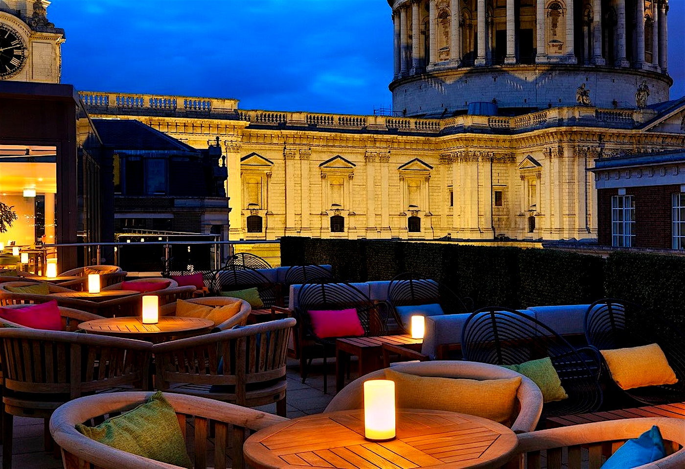 The roof terrace at night at Sabine, a bar overlooking St Pauls Cathedral
