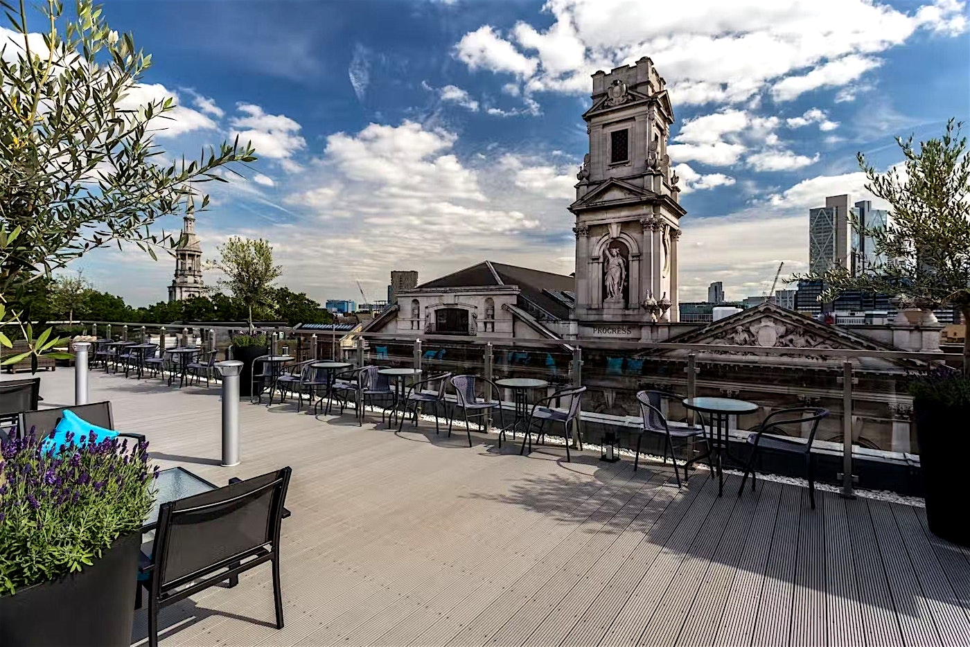 A daylight view of the Shoreditch rooftop bar at Courthouse Hotel