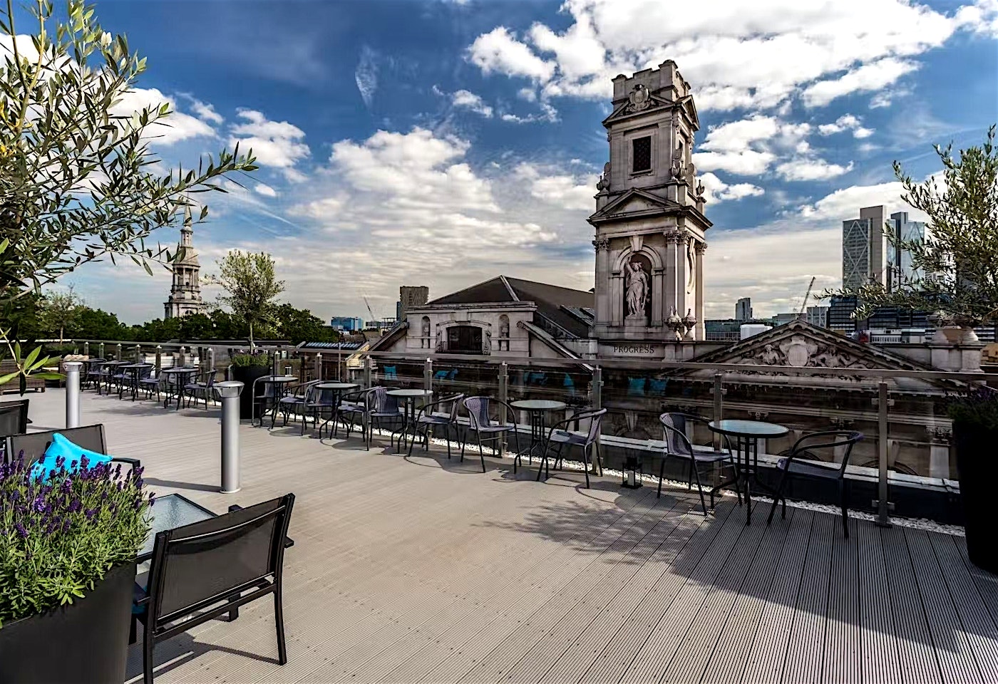 A daylight view of the Shoreditch rooftop bar at Courthouse Hotel