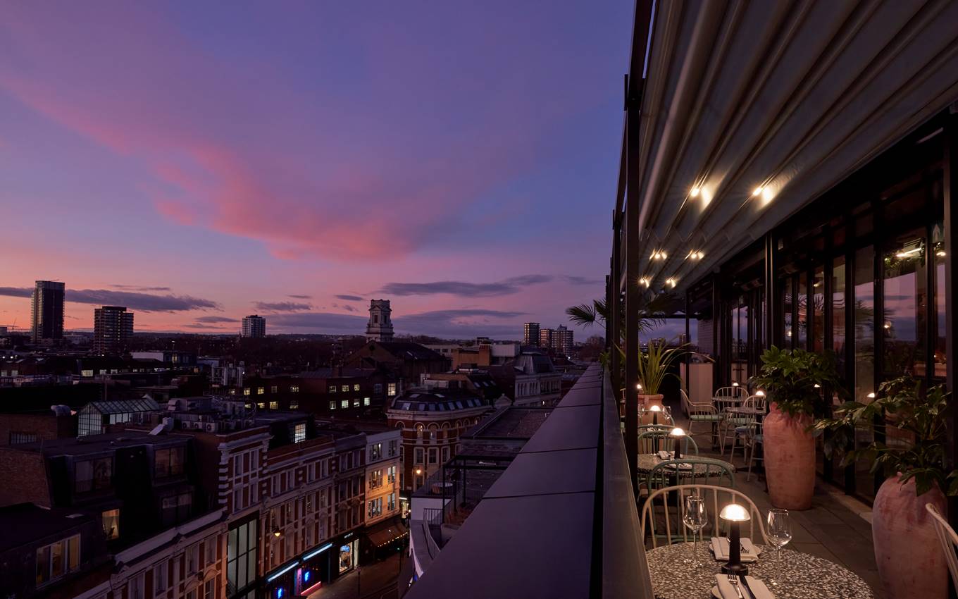 Sunset from the roof terrace at 100 Shoreditch, east London.