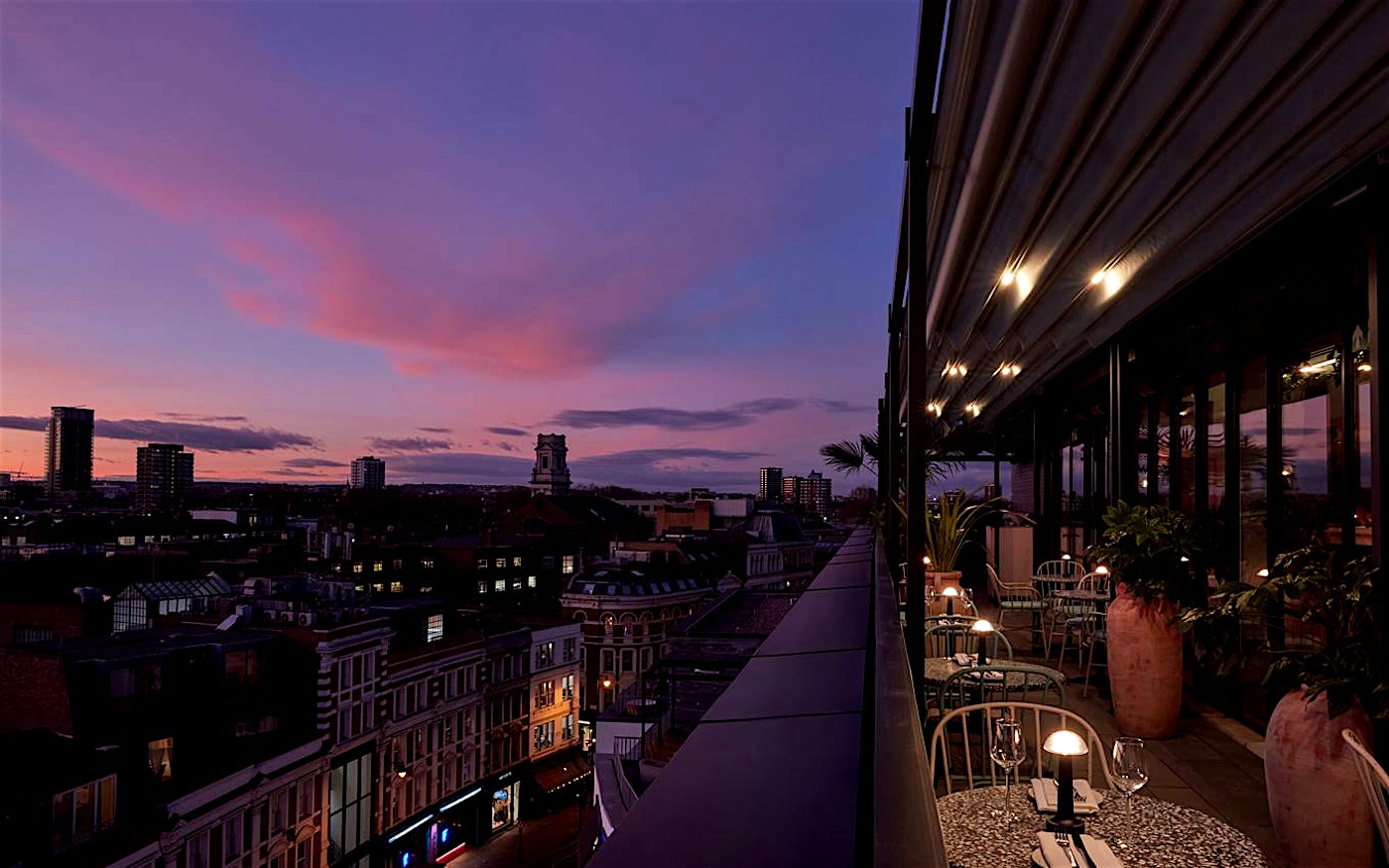 Sunset from the roof terrace at 100 Shoreditch, east London.