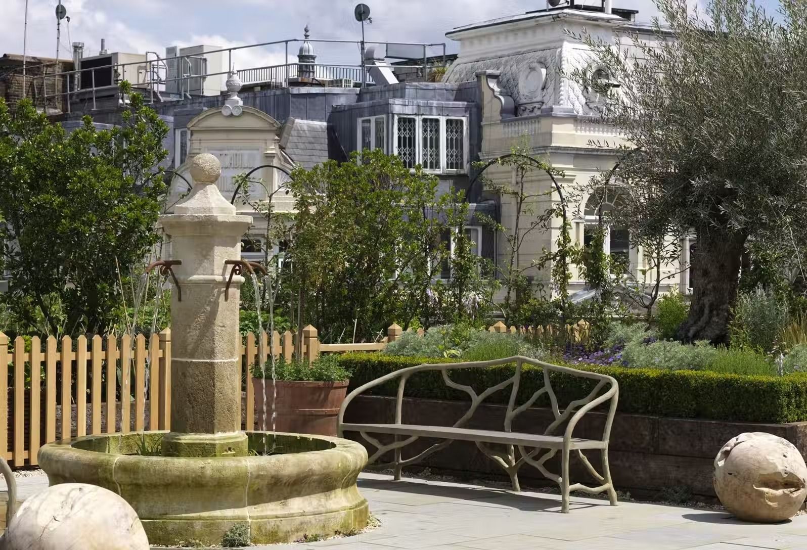 Detail of the rooftop cocktail bar at Ham Yard Hotel, Soho