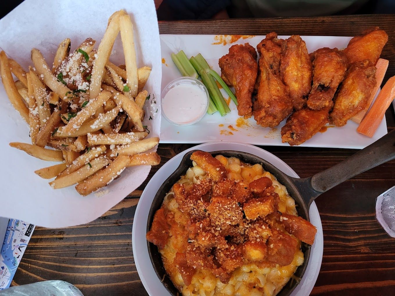 Wings, fries, and Mac & cheese at Harlem Tavern, a sports bar in NYC.