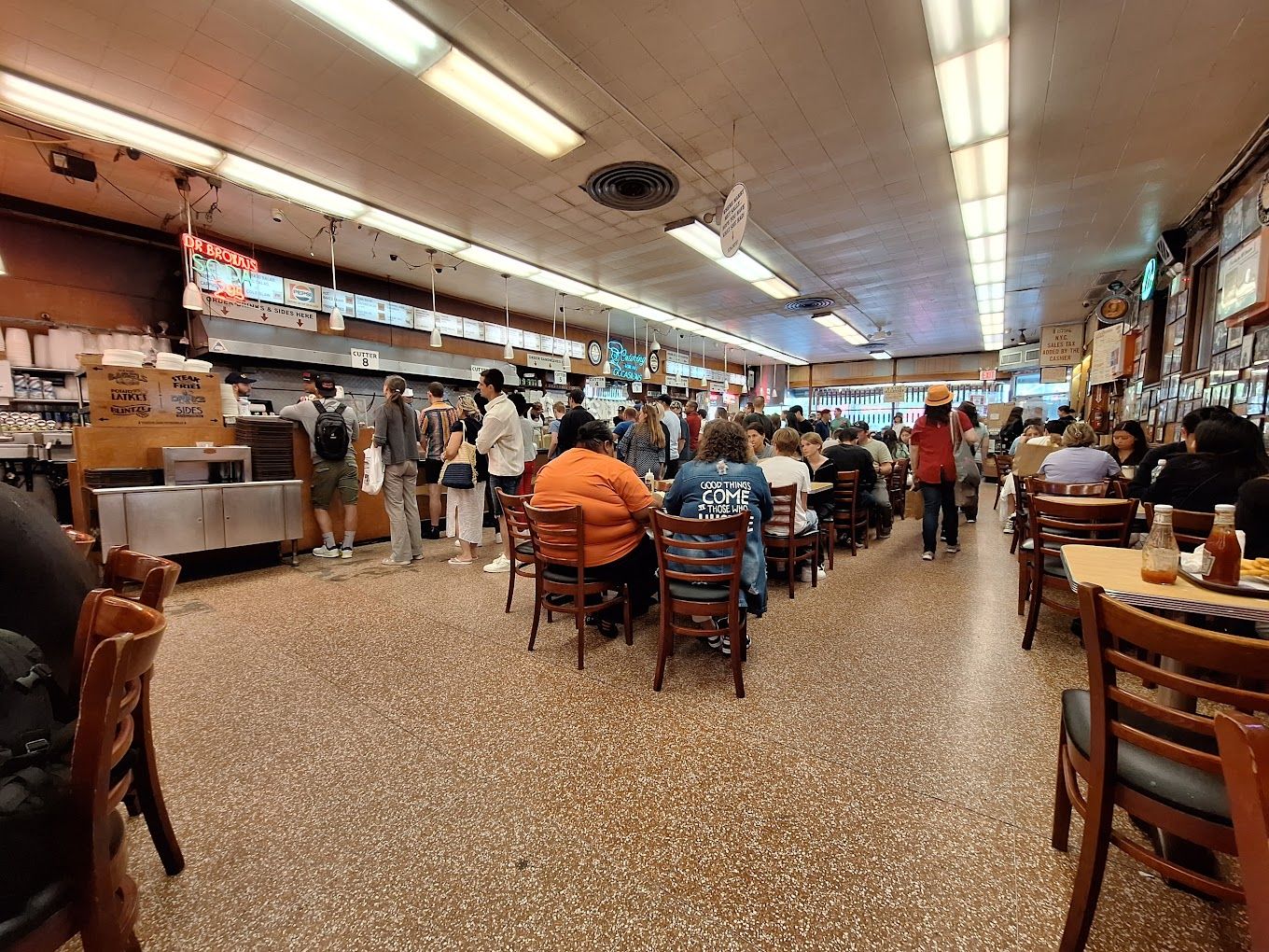 The seating area at Katz's Deli, a unique party venue in NYC.