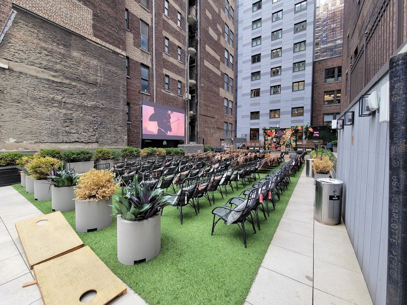 The outdoor screening area at Rooftop Cinema Club Midtown, a unique party venue in NYC.