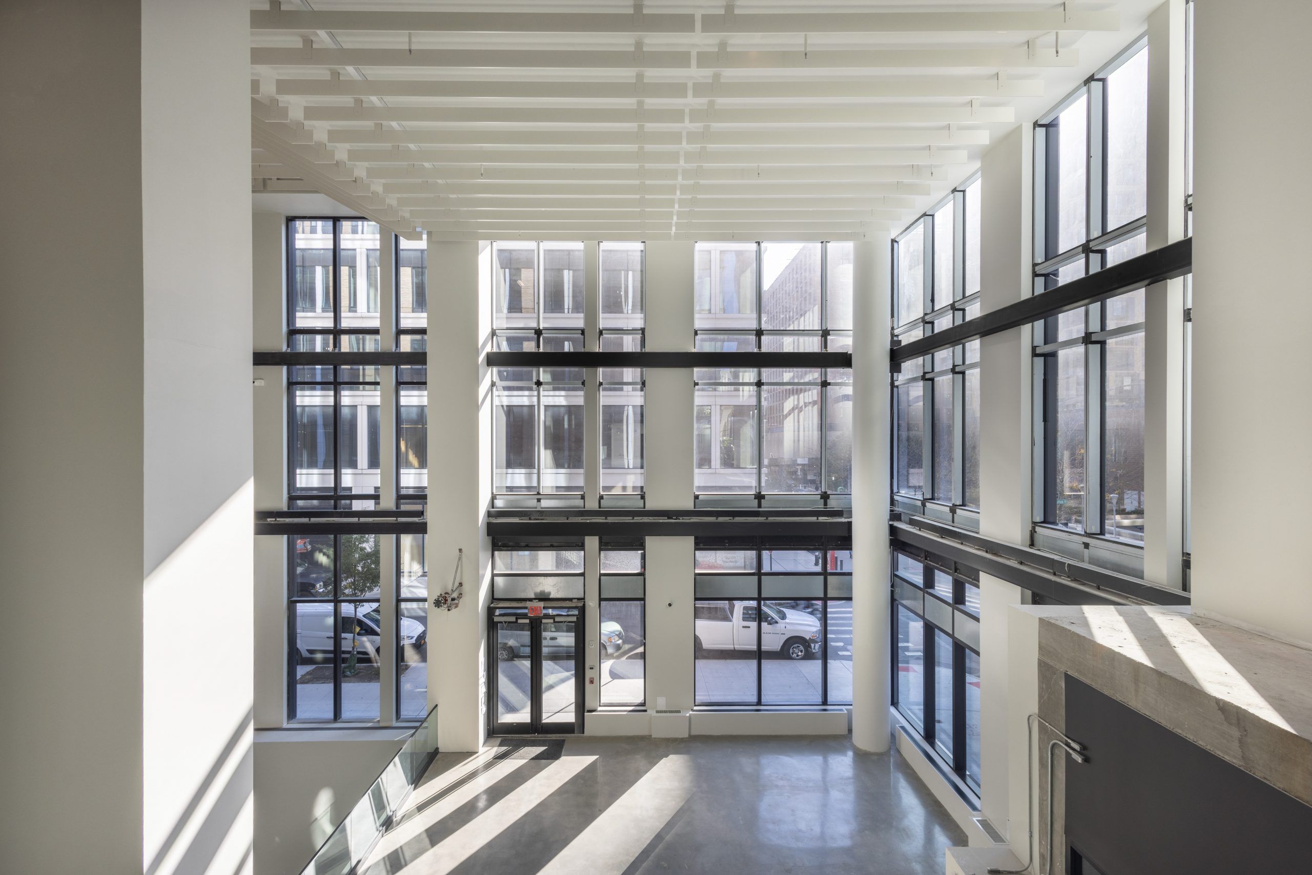 Large windows at Skylight at Essex Crossing, a conference venue on the Lower East Side in NYC. 