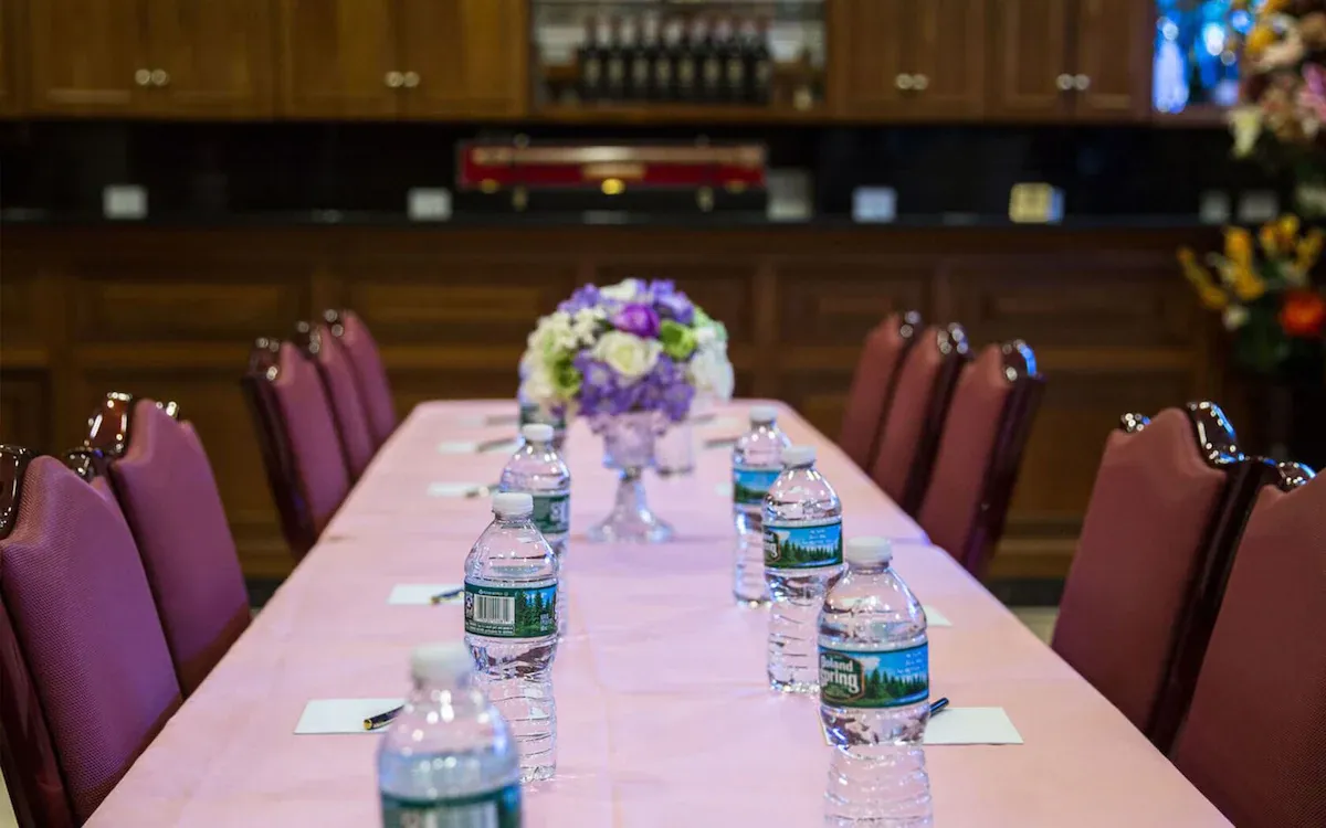 A meeting table at the Allen Hotel, a conference venue on the Lower East Side in NYC. 