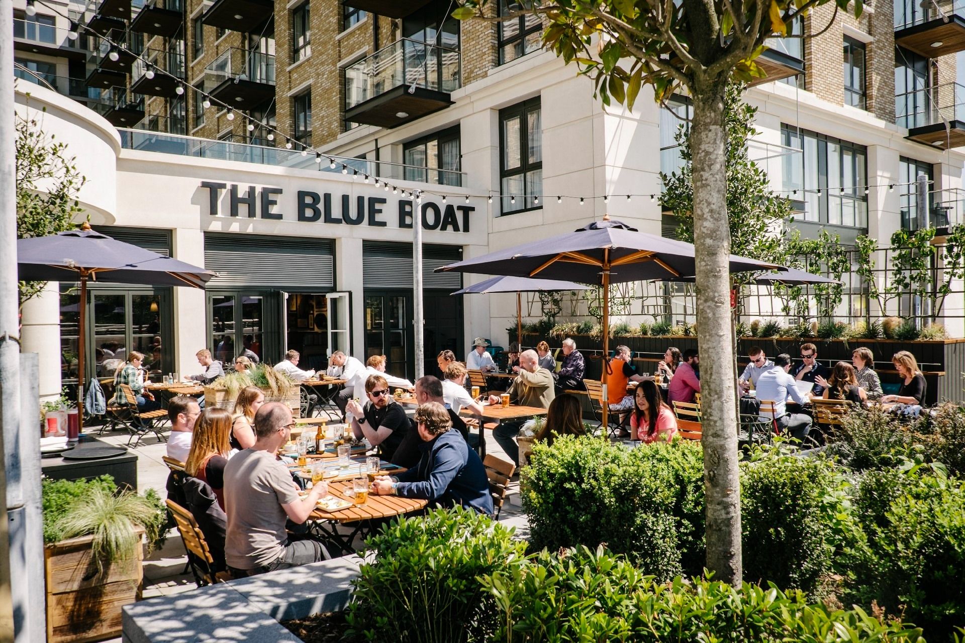 terrace of the blue boat hammersmith river bar